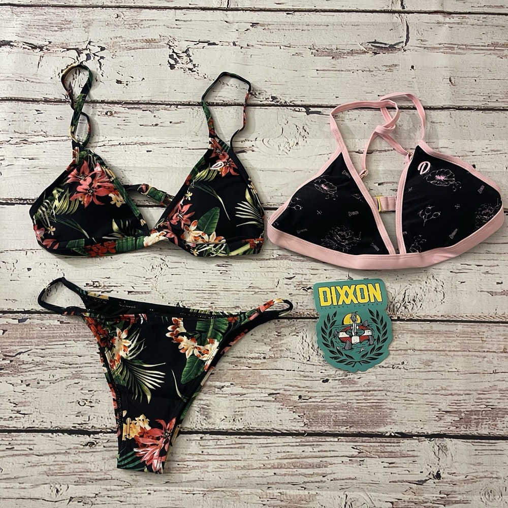 Dixxon Flannel Co Gila Bikini Women's Large Black Floral Top Black Bottom NWT